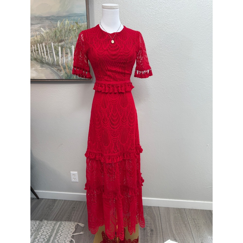 Bebe Red Lace‎ Tassel Midi Dress